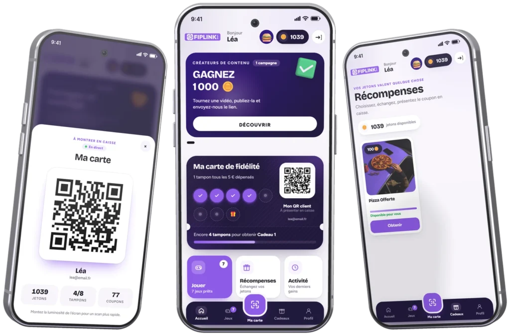 Trois écrans de l’application Fiplink : carte de fidélité, accueil et récompenses